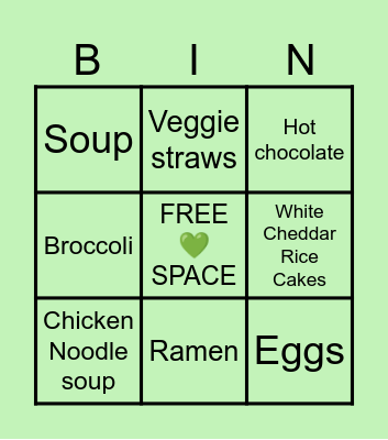 Myco's Safe Food Bingo Card