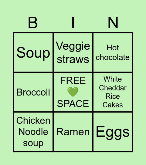 Myco's Safe Food Bingo Card