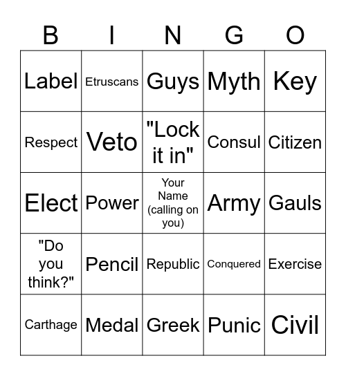 Ancient Rome Bingo Card
