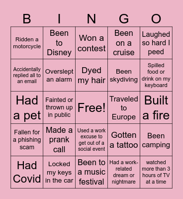 Never Have I Ever... Bingo Card