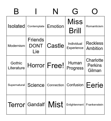 Gothic Literature Bingo Card