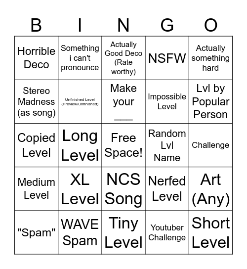 Geometry Dash RECENT TAB Bingo Card