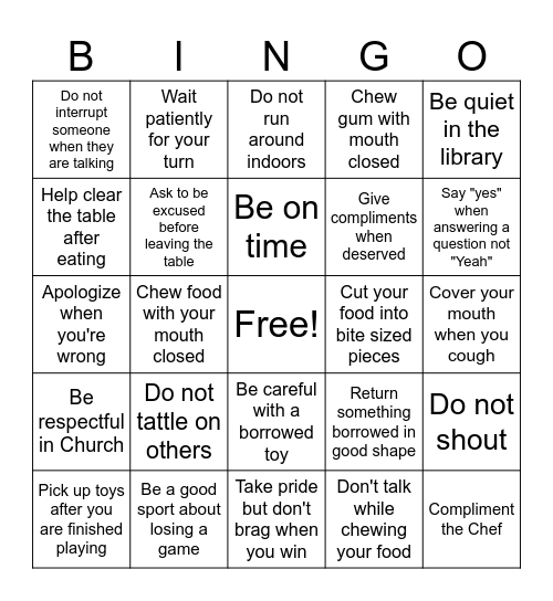 Manners Bingo Card