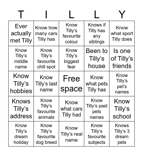 TILLY BINGO Card