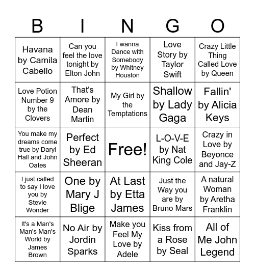 Valentine's Songs Bingo Card