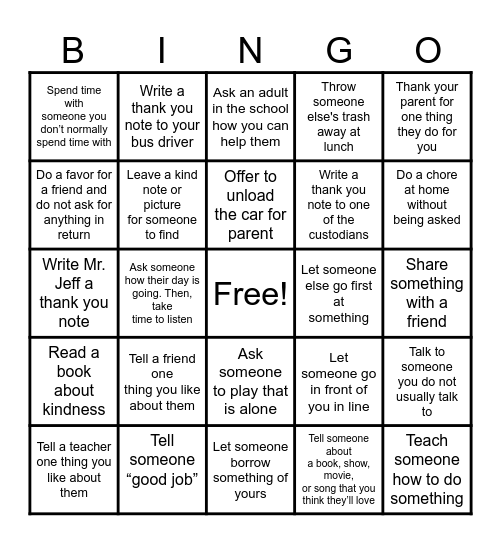Random Acts of Kindness Week Bingo Card