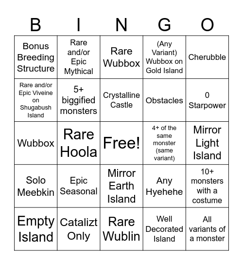My Singing Monsters Random Island Bingo Card