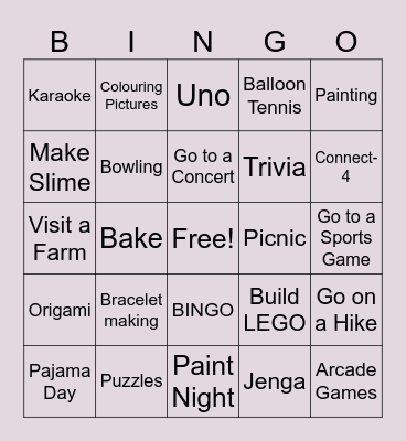 Family Activities Bingo Card