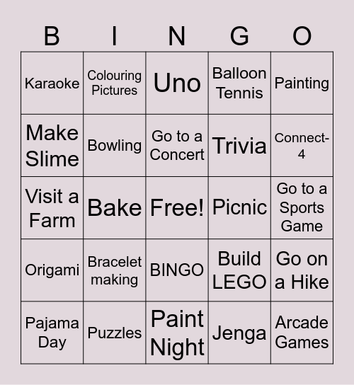 Family Activities Bingo Card