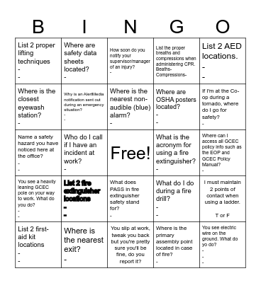 Safety Bingo Card