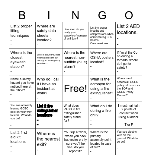 Safety Bingo Card