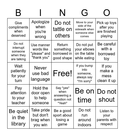 Manners Bingo Card