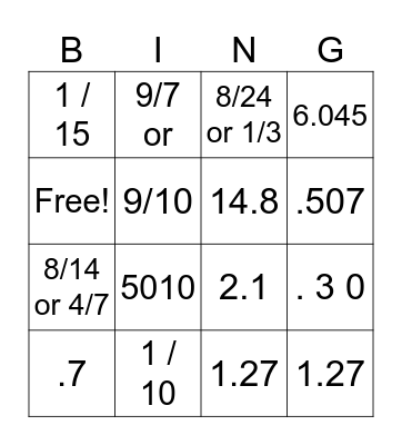 Fractions / Decimals Bingo Card