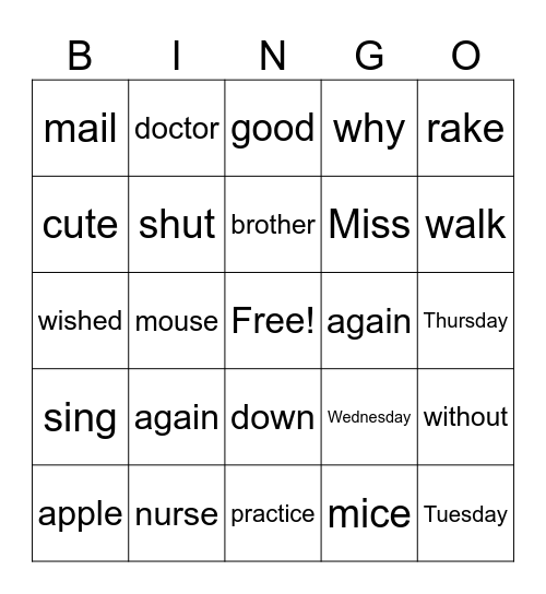 Spelling Review 1-5 Bingo Card