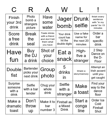 Bar Crawl Bingo Hosted By DJ Mark Sugar Bingo Card