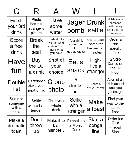 Bar Crawl Bingo Hosted By DJ Mark Sugar Bingo Card