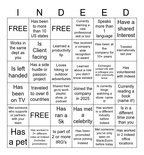 Indeedian Speed Networking Event Bingo Card