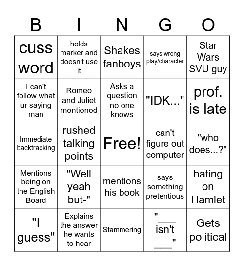 Daisy's WillyShakes Class Bingo Card