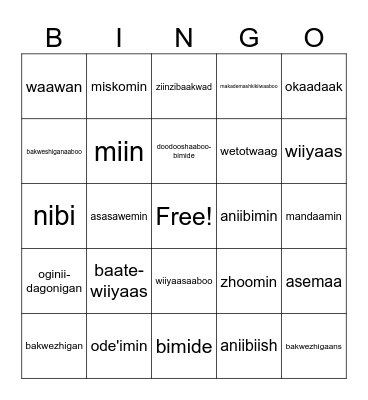 Ojibwe Food Bingo Card