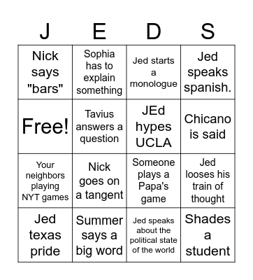 Jed's TED Talk Bingo Card