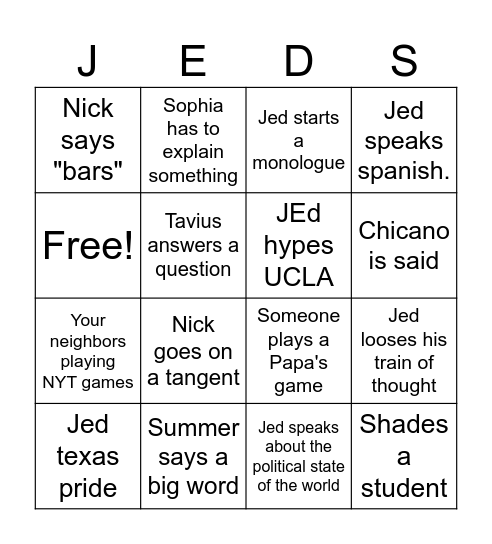 Jed's TED Talk Bingo Card