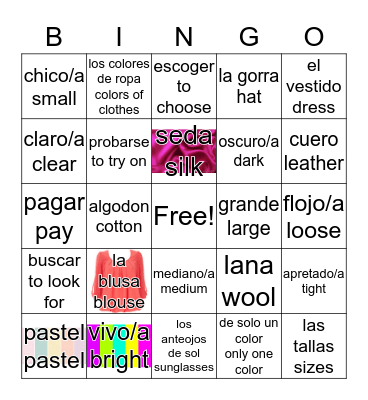 Unit 3 clothing 2 Bingo Card