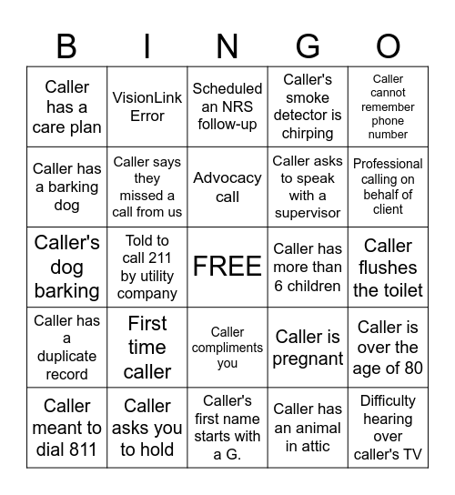 Call Center Bingo Card