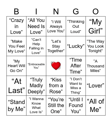 Valentine's Day Music Bingo Card