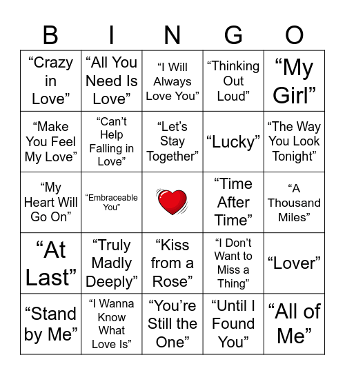 Valentine's Day Music Bingo Card