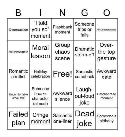 Sitcom Bingo Card
