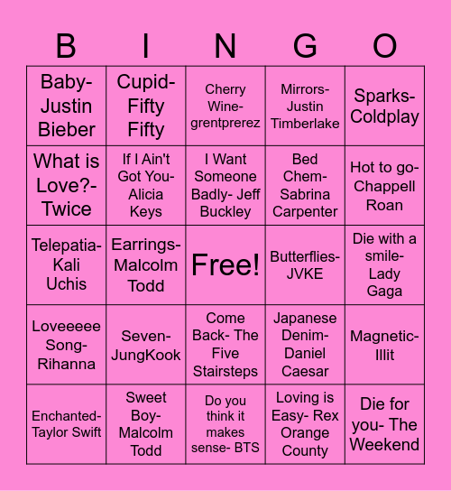 Love Song Bingo Card