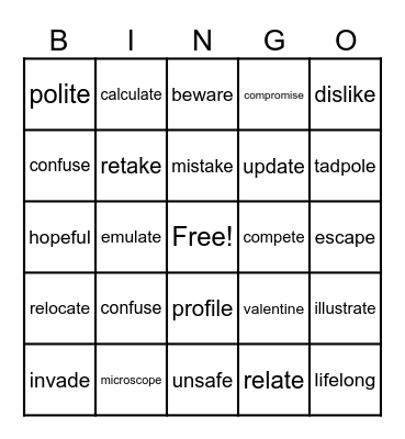 Long Vowel/Silent E Bingo Card