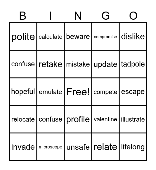 Long Vowel/Silent E Bingo Card