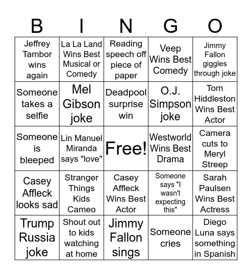 Golden Globes 2017 Bingo!  Bingo Card