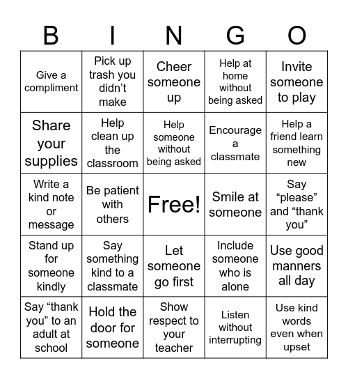 Kindness Bingo Card