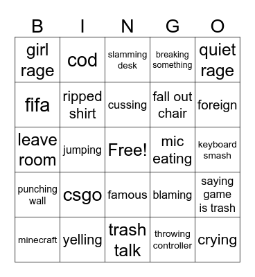 gamer rage Bingo Card
