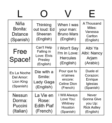 Love Songs Around the World Bingo Card