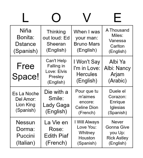 Love Songs Around the World Bingo Card