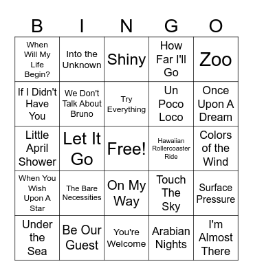 DISNEY MOVIE Songs Bingo Card