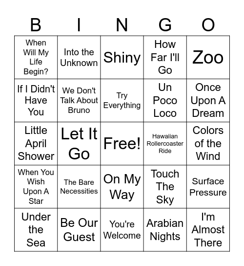 DISNEY MOVIE Songs Bingo Card