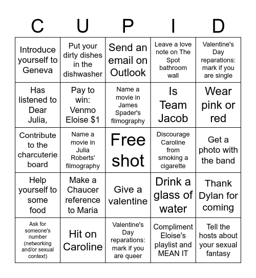 Dear Julia, Romantic Love Shot Voucher Bingo Card