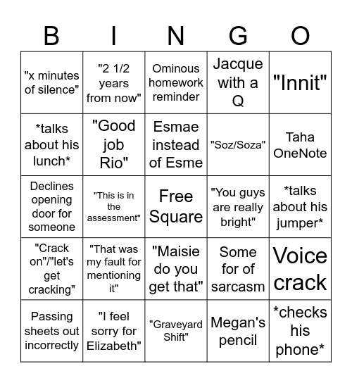 Mr Errington Bingo Card