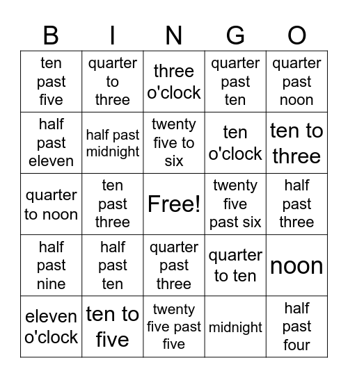 telling time Bingo Card