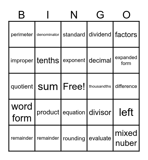 Math Vocab BINGO Card