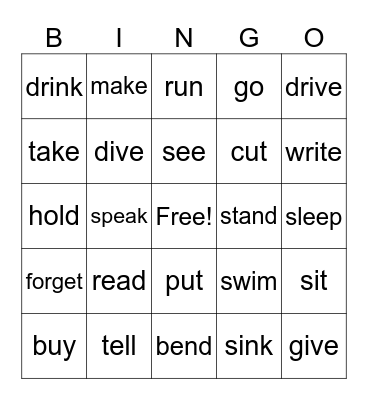 Irregular past tense verbs Bingo Card