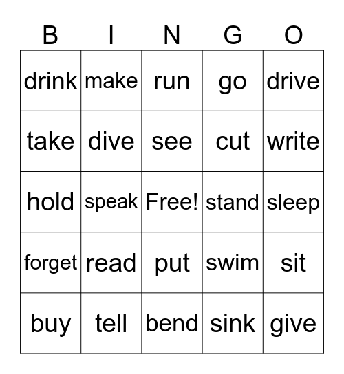 Irregular past tense verbs Bingo Card
