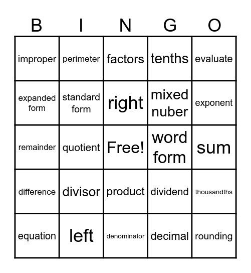 Math Vocab BINGO Card