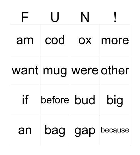 Jolly Phonics List 8 Words Bingo Card