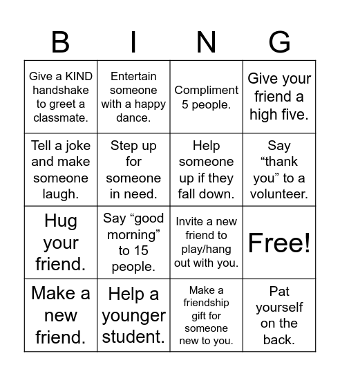 Random Act of Kindness Bingo Card