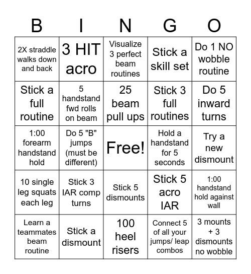 Friday Night Gymnastics Bingo Card